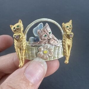 Kenneth Cole Enamel Rhinestone Cat, Kitten In Basket Brooch Pin, Signed